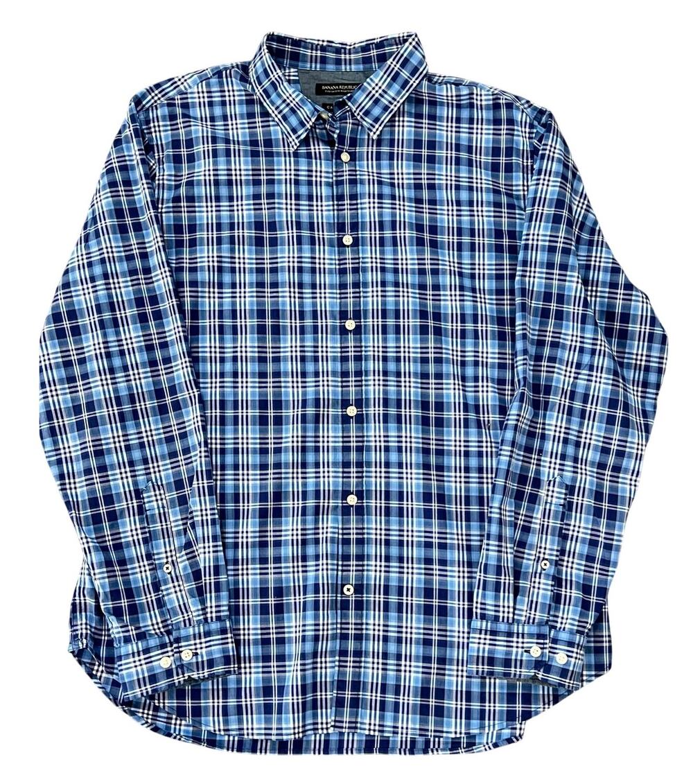 BANANA REPUBLIC Men's Button Down CAMDEN Dress Shirt XL Long Sleeve Plaid Blue
